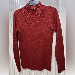 “Once Again” SZ: (L) Embellished Red Zipper Back Sweater, Long-Sleeves Nice